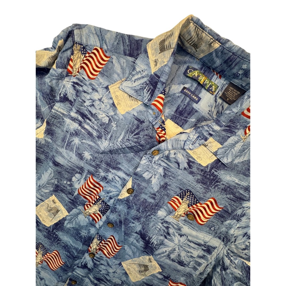 Campia Button Up Shirt Mens Small Blue Rayon American Flag Statueβ Liberty